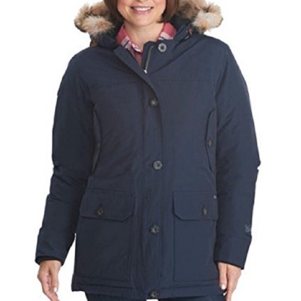 Woolrich Womens Arctic Down Parka Coyote Fur Collar-Heavy Navy Blue Jacket/ Coat